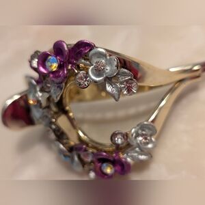 VTG Aurora Borealis Floral Wreath Hair Clip • Enamel & Rhinestone Gold Tone